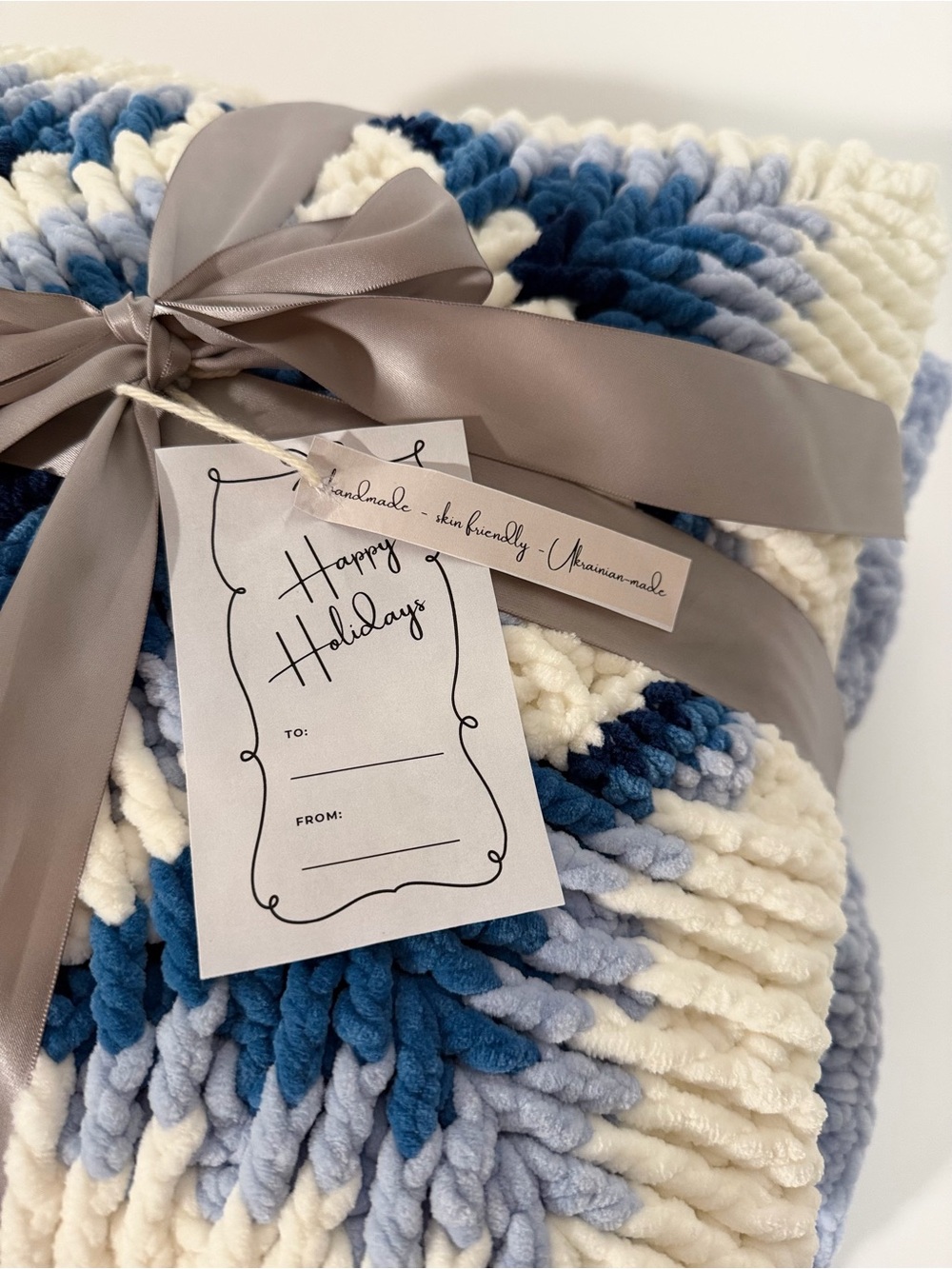 Handmade Cozy Throw Blanket & Pillowcase - Blue & Cream - Holiday Gift set